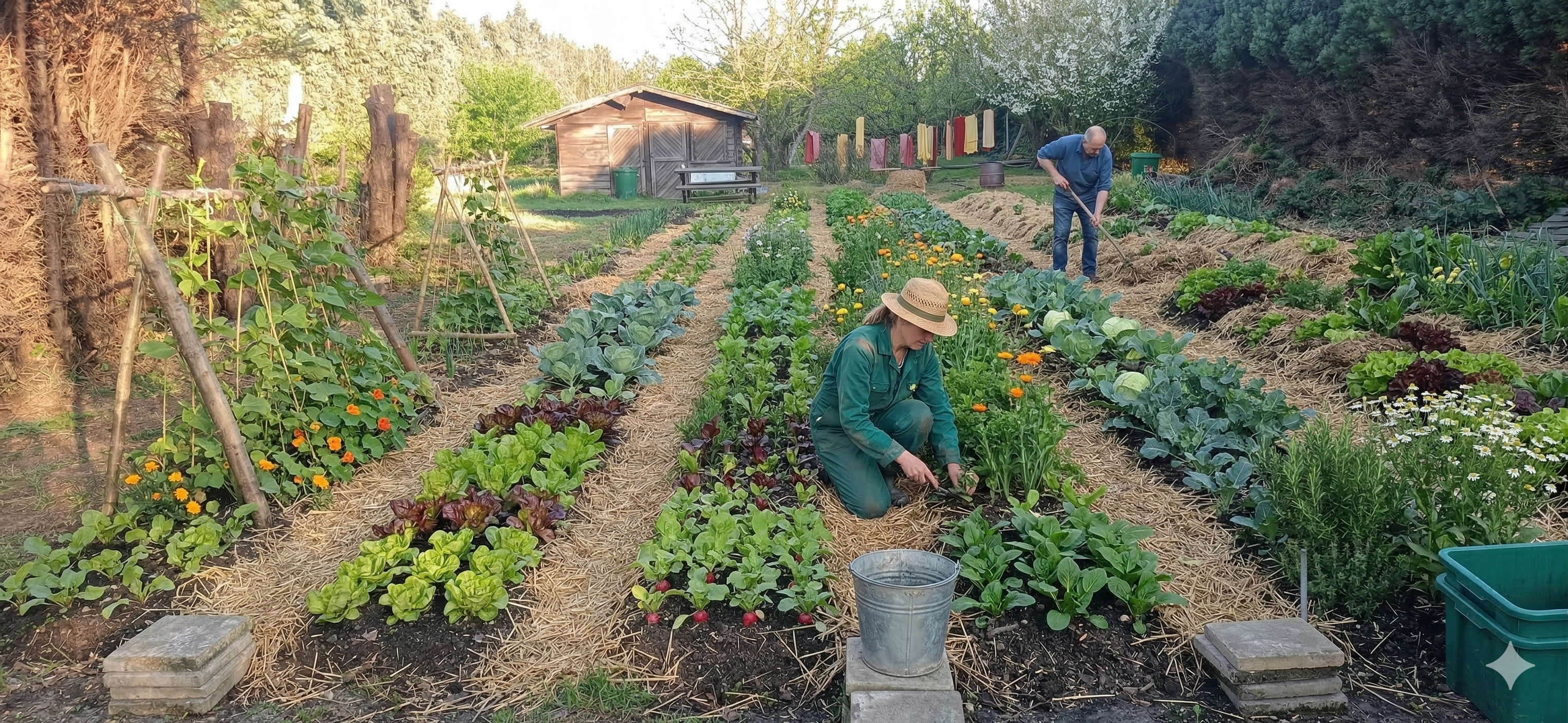 Mensen aan het werk in de tuin van Aarden tussen de groentebedden.